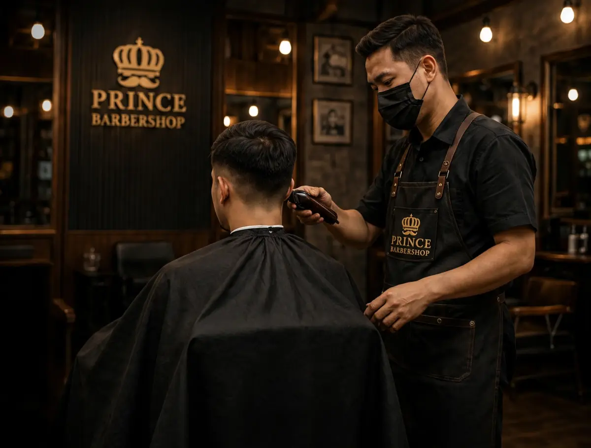 Prince barber giving a precision haircut in the Prince Barbershop interior